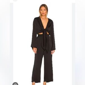 SNDYS x Revolve Pluto Tie Front Cut Out Jumpsuit in Black Sateen Size 6